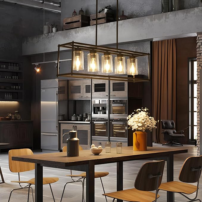 Black Dining Room Light Fixture, 5-Lights Modern Rectangular Chandelier with Clear Glass Shades, Farmhouse Linear Island Lights for Kitchen Pool Table Bar, L35.4