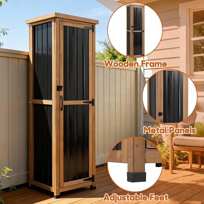 Outdoor Storage Cabinet, Wood & Metal Storage Shed with Weatherproof Roof, 3 Removable Shelves, Lockable Door, Adjustable Feet, Outside Storage Cabinet for Garage, Patio, Backyard