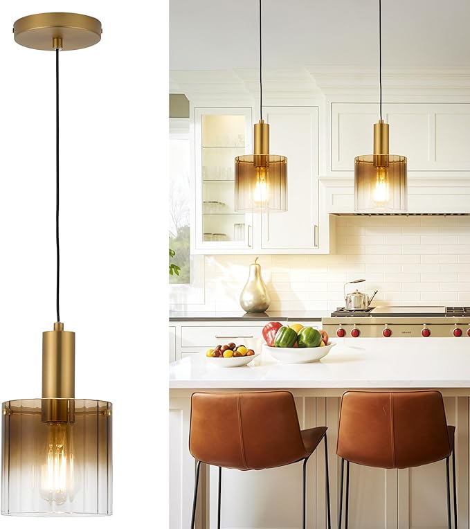 Gold Pendant Light Fixtures Kitchen Island - Pendant Hanging Light with Gradient Color Glass for Kitchen Sink Dining Room Bedroom, H3959-1-COBG