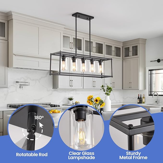 Black Dining Room Light Fixture, 5-Lights Modern Rectangular Chandelier with Clear Glass Shades, Farmhouse Linear Island Lights for Kitchen Pool Table Bar, L35.4