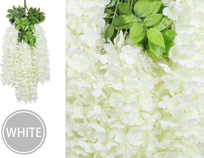 U'Artlines 48 Pack (Total 172.8 Feet) Artificial Fake Wisteria Vine Rattan Hanging Garland Silk Flowers String Home Party Wedding Decor (48, White)
