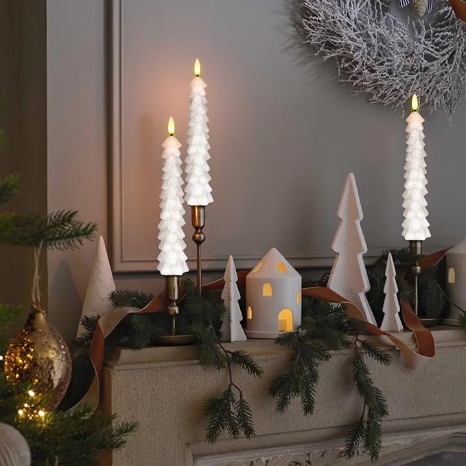Christmas Tree Candles with Remote Timer, 4 Pcs Waxy Flameless Taper Candles Flickering, Battery Operated LED Candlesticks with 3D Flame Wick, White Window Candle for Christmas Decorations