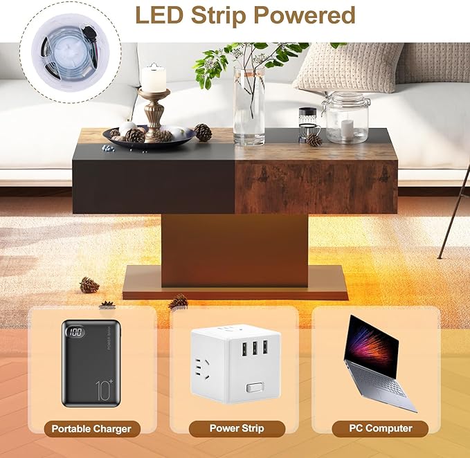 Black Led Coffee Table for Living Room, Living Room Table Rectangular Center Table, Modern Wooden Coffee Tables with 16 Colors LED Lights for Dining Reception Room
