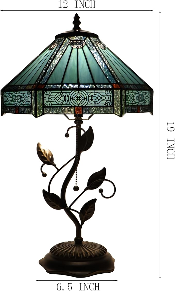 Tiffany Table Lamp, Stained Glass Desk Light, W12H19 Inch, Metal Leaf Base (Mission Style)