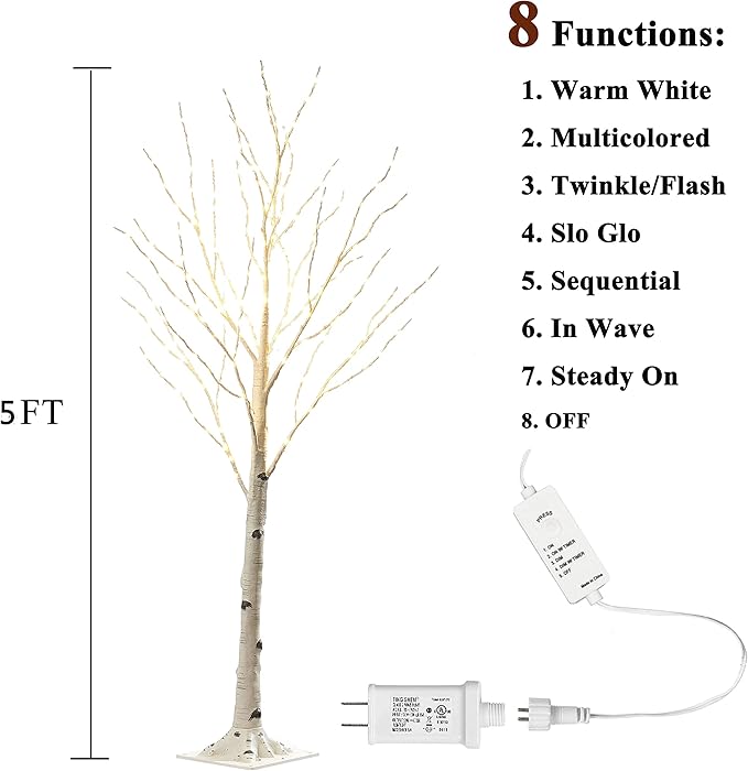 Hairui Pre Lit Birch Tree with 255L Multi Color and Warm White Fairy Lights 8 Functions 5FT, Lighted Tree for Indoor Outdoor Halloween Christmas Holiday Party Decoration