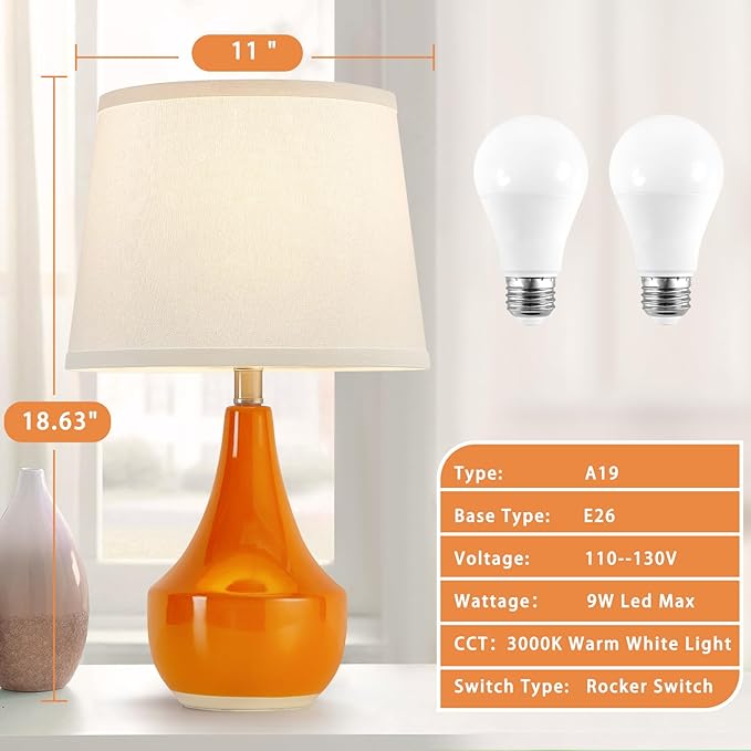GyroVu Table Lamp Set of 2, Ceramic Lamp Classic Beside Lamps Nightstand Lamp Modern Table Lamp for Living Room, Bedroom & Office Rocker Swtich Orange-LED Bulbs Included