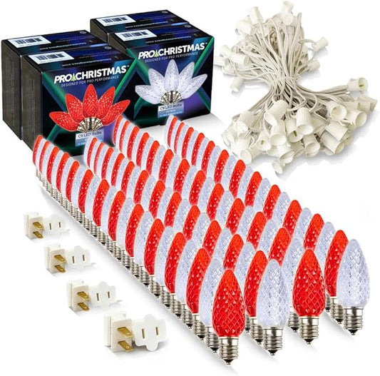 Pro Christmas C9 LED Christmas Light Kit for Rooflines & Pathways – DIY Cut to Length, Outdoor Commercial Grade (White Wire w/Vampire Plugs, 100 Bulbs, 100 ft) Cool White and Red