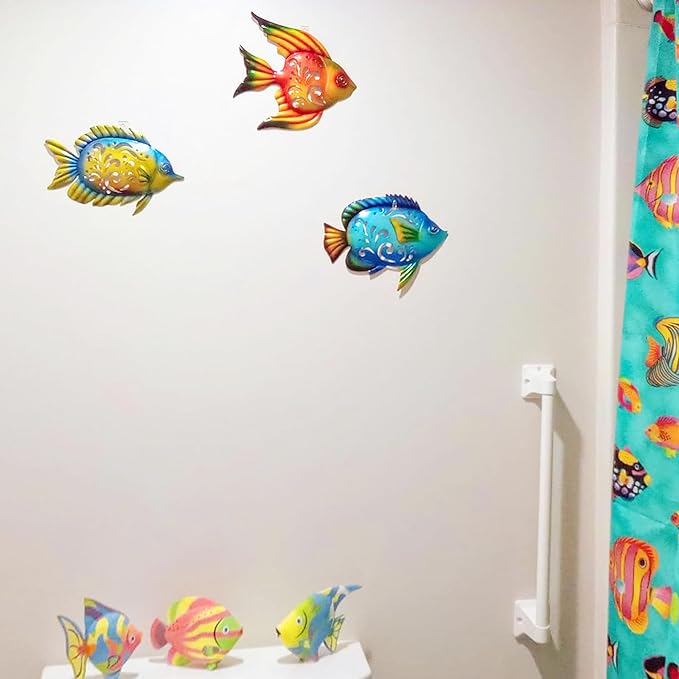 Weibefee Coastal Wall Decor, Ocean Sea Metal Fish Wall Christmas Decor, Hanging Wall Art Christmas Decorations Gift for Indoor Outdoor, Beach Nautical Tropical Fish Wall Sculpture for Pool Bathroom Bedroom Patio