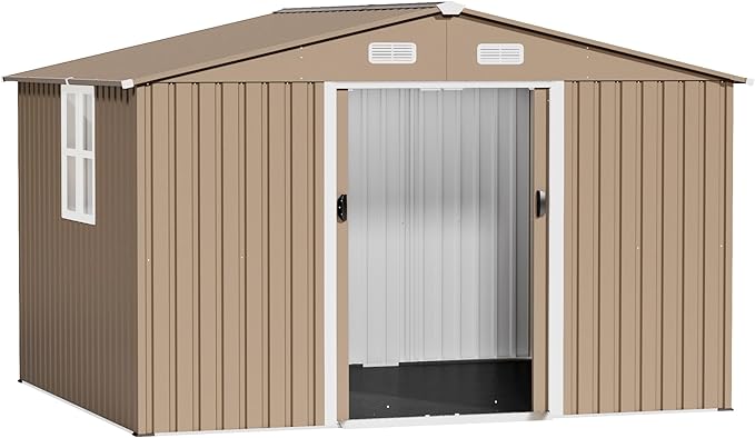 10x8FT Outdoor Storage Shed with Floor & Lockable Sliding Doors,Metal Storage Shed with 1 Air Vents,Waterproof Garden Shed for Backyard,Patio, Lawn,(Brown,Base Included)