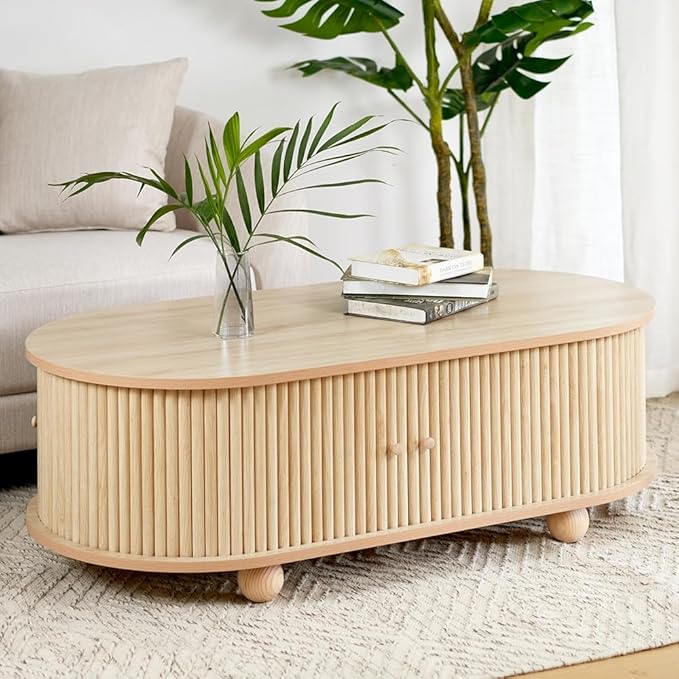WILLIAMSPACE 47.24" Oval Coffee Table with Large Storage, Modern Luxury Wooden Drum Center Table with Round Legs for Living Room, Handcraft Accent Side Tea Table for Apartment, Natural