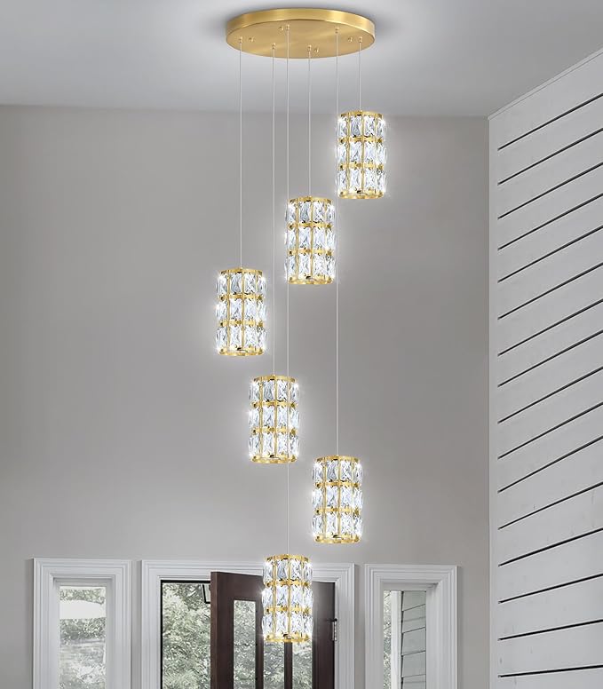 6-Lights Modern Crystal Pendant Lights for Kitchen Island LED Dimmable Glam Pendant Lighting Chandelier for Dining Room Hallway Corner Lamp Gold