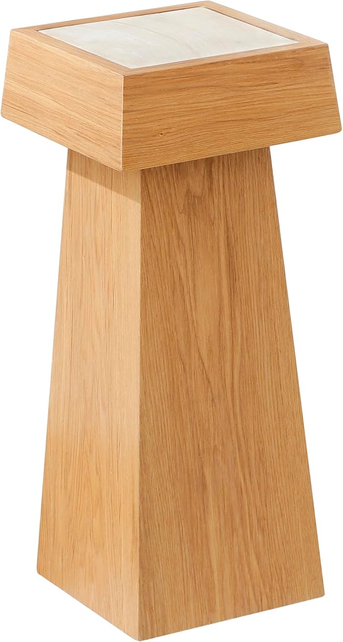 8.6-inch Marble Pedestal Side Table, Stone Finish Top Accent Drink Table for Living Room, Square Small End Coffee Counter, Full Assembly for Small Space Office - Oak