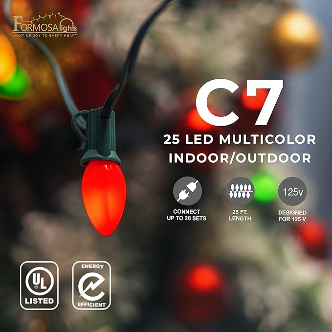 C7 26ft Indoor/Outdoor Opaque Multicolor LED Christmas String Lights with 25 Bulbs | 120V, 0.6W