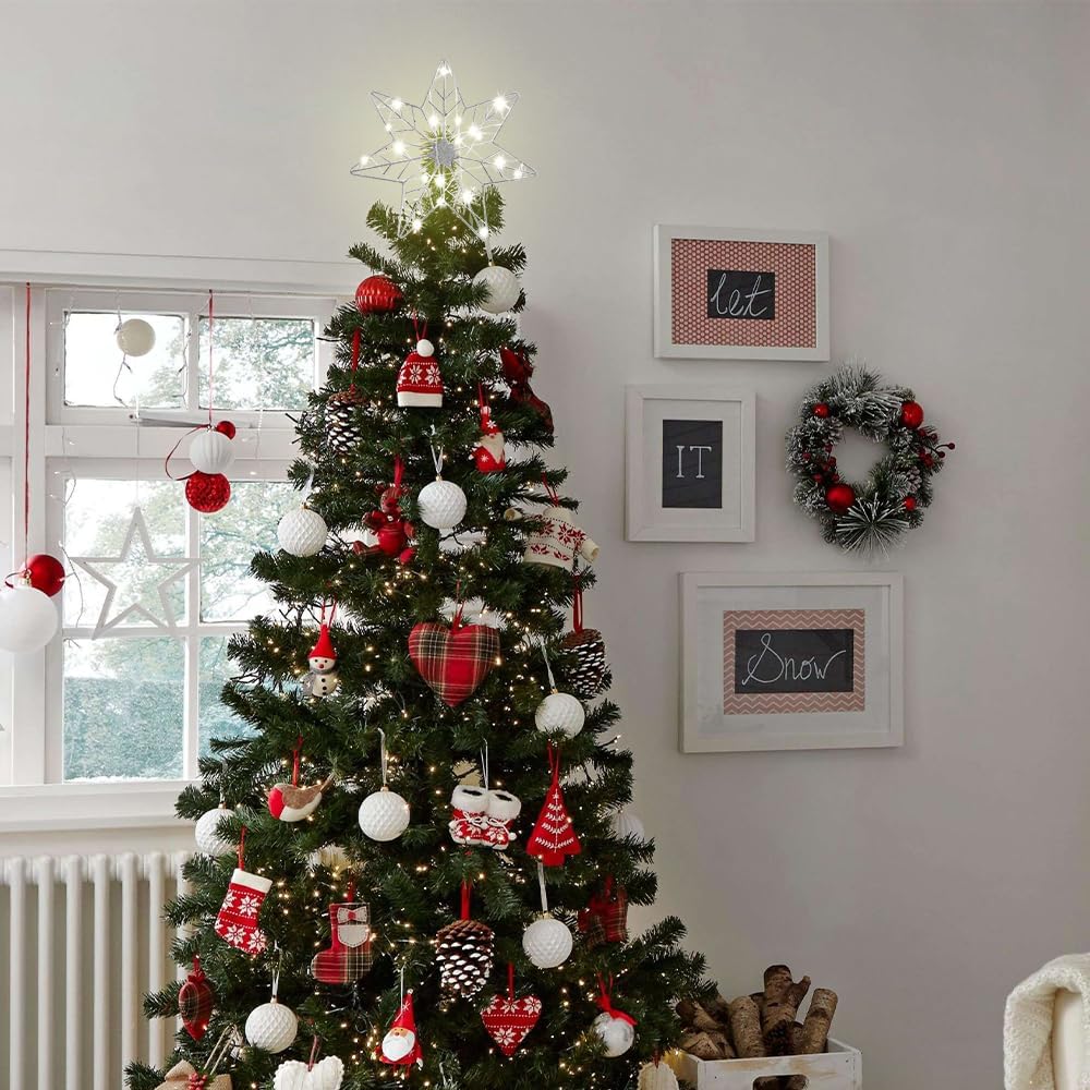 YEAHOME Christmas Tree Topper, Silver Glittered Hollow 7-Point Star Tree Topper, Lighted Wire Star with 20 LED Lights for Christmas Treetop, Xmas Tree Topper with Timer, Christmas Tree Decorations