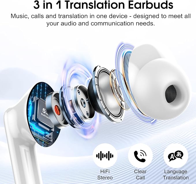 Ai Translation Earbuds Real Time, Simultaneous Interpretation Translator Earbuds with 6 Translation Modes/164 Languages, No Subscription Translatior Headphones, Ivory White