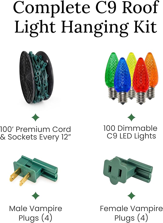 Pro Christmas C9 LED Christmas Light Kit for Rooflines & Pathways – DIY Cut to Length, Outdoor Commercial Grade (Green Wire w/Vampire Plugs, 100 Bulbs, 100 ft) Cool White and Red