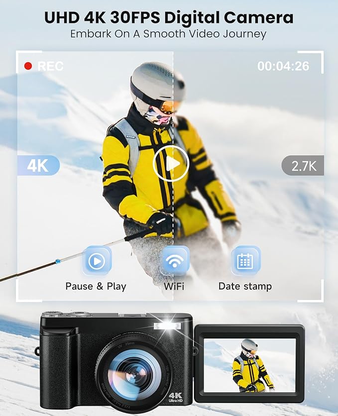 4K Digital Camera for Photography, WiFi Autofocus 64MP Vlogging Camera for YouTube, 180° 3" Flip Screen 30FPS Video Cameras with Flash Anti-Shake 16X Zoom 32GB Card, Compact Travel Digital Camera