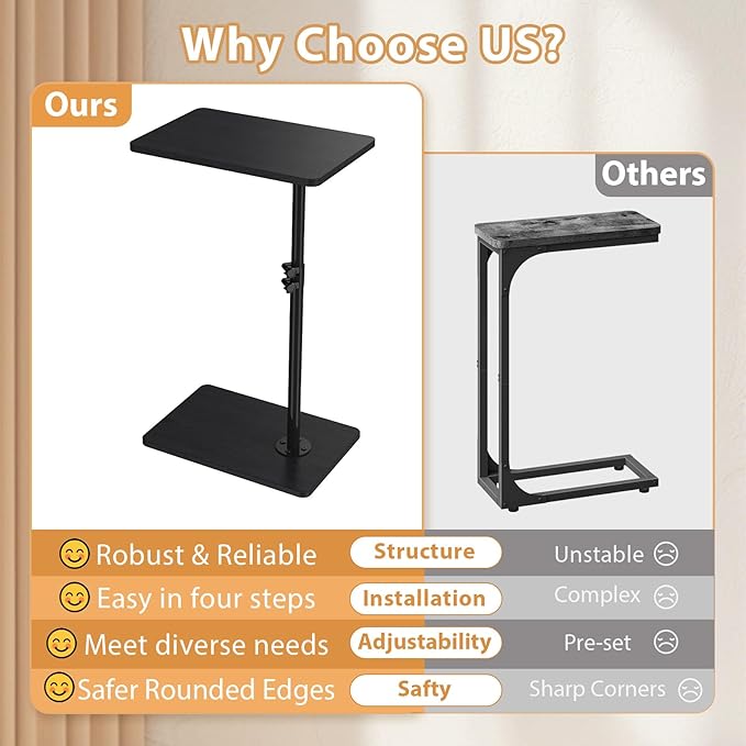TV Tray Table, Adjustable C Shaped Side Table for Couch, 360°Swivel Couch Side Table C Table That Slide Under Couch Desk for Small Space Sofa Bed Snack Living Room Bedroom (Black)