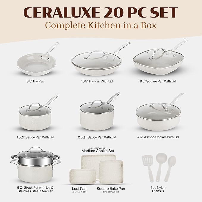 Granitestone Ceraluxe 20 Pc Ceramic Cookware Set Nonstick, Complete Pots and Pans Set Non Stick for Kitchen with Bakeware, Utensils & Steamer, Non Toxic Made Without PFOA PFOS, Oven & Dishwasher Safe