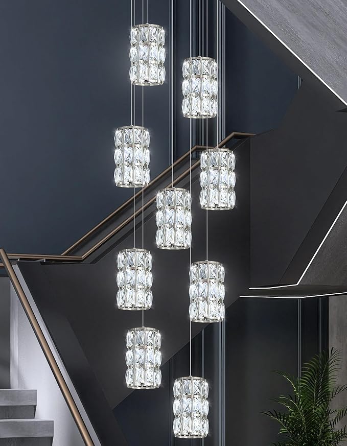 9-Lights Modern Crystal LED Dimmable for Staircase Foyer High Ceiling Chandeliers Hallway Nickel