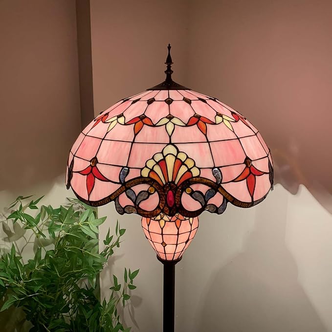 Bieye L10897 Baroque Tiffany Style Stained Glass Double Lit Floor Lamp for Home Decor (Pink, 20-inch Wide)