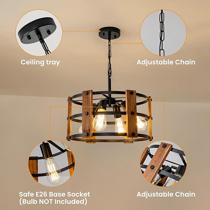 Rustic Farmhouse Chandelier, 4 Lights Pendant Light Fixture, Adjustable Height, Brown Vintage Wood Hanging Pendant Lighting for Entryway Kitchen Island Foyer Dining Room Living Room Bedroom