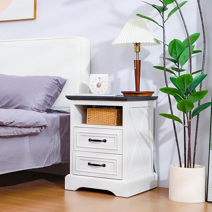 ALBAD Farmhouse Nightstand with Charging Station Rustic Bedside Table with 2 Drawers and Cubby Storage End Table with Metal Handle for Bedroom Office, Antique White