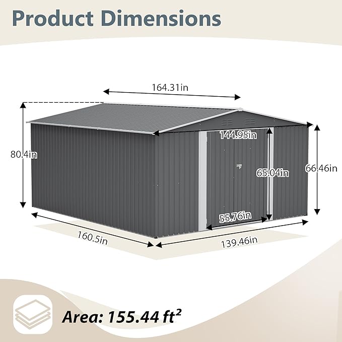 Mulinsonfly12x14 FT Outdoor Metal Storage Shed with Floor Frame, Extra-Large Steel Garden Tool Shed with Lockable Double Doors, Heavy-Duty Backyard Storage for Lawn Equipment, Bikes & Patio Furniture