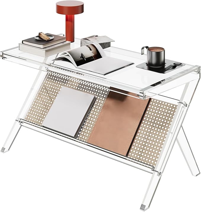 HMYHUM Acrylic Coffee Table for Living Room, Clear Unique Rattan Center Table, Rectangle Tea Table for Bedroom Office Reception Room, 31.5" L × 15.75" W × 17.72" H, Modern, Easy Assembly