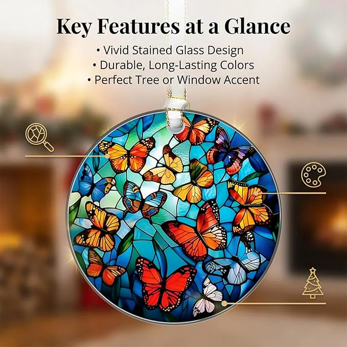 Butterfly Christmas Ornaments 2025, Stained Glass Christmas Tree Decorations, Exchange for Women, Men, Collectible Dated Year Ornaments for Tree - Glass Hanging Ornament