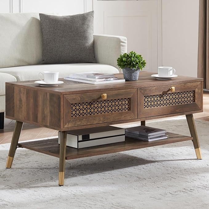 Mid Century Modern Coffee Table with Storage Drawers & Open Shelf, Solid Wooden Boho Rectangle Table with Metal Legs Designed for Living Room, Office, Lounge. Rustic Oak Color with Golden Decor