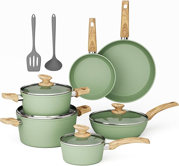 MAISON ARTS Pots and Pans Set Non Stick, 12 Piece Green Granite Kitchen Cookware Induction Compatible, Pot and Pan Sets for Cooking Nonstick