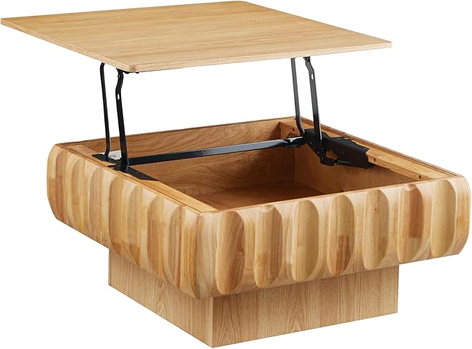 31.1" Square Lift-Top Coffee Table, Modern Fluted Tea Table with Hidden Storage for Living Room, Apartment or Office, Nature