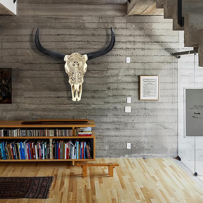 Cow Skull Wall Decor,Long Horn Cow Skull Wall Hanging,Cow Skull Wall Hanging Decor,Faux Taxidermy Head Wall Decor,Simulation Large Bull's Head Boho Style,Decor Wall Sculpture for Home Office (White)