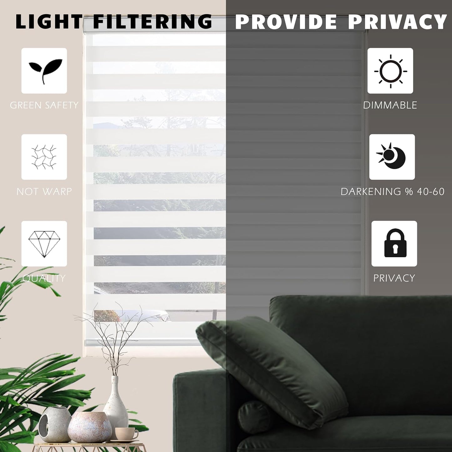 Zebra Roller Shades, Dual Layer Roll Up Blind for Living Room, Semi Sheer Shades Window Privacy Light Control for Day and Night, (Maximum Height 72inch, White Color, Width 27 inch)