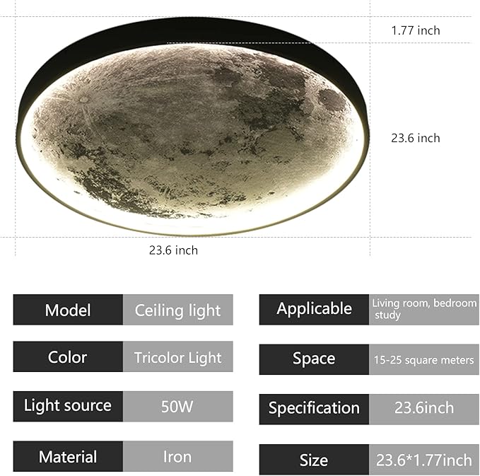 Flush Mount Led Dimmable Ceiling Light Fixture with Remote Control,23.6 "Wall Mounted Decorative Moon Ceiling Light for Bedrooms and Living Rooms.(50W)
