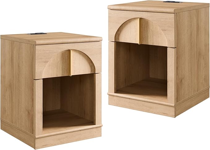 ACCOHOHO Modern Night Stand Set 2 with Arched Panel,18" Wooden nightstand with Charging Station,Bedside Table with Drawer Storage,Side End Table with Open Shelf for Bedroom,Living Room,Natural Oak
