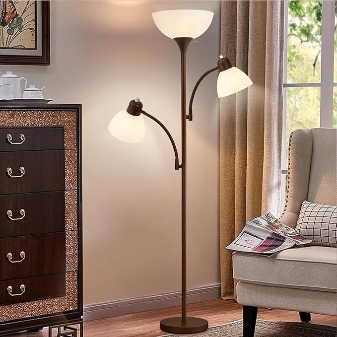 Luvkczc Floor Lamps for Living Room, 72" Tall Standing Lamp, Torchiere Lamp with 2 Reading Lamps, Industrial Bright Floor Lamp for Bedroom, Office, Dresser, Brown Lamps, 3 LED Bulbs Included