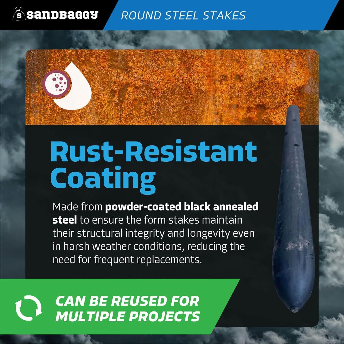 Sandbaggy Round Steel Concrete Form Stakes with Nail Holes - Rust Resistant Coating - Removable, Reusable (10, 3/4 in X 12 in)