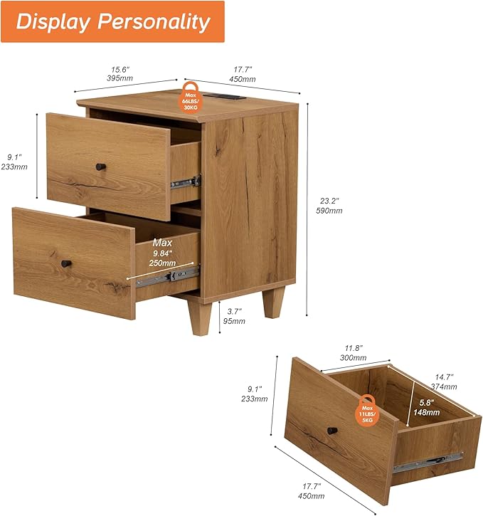 WAMPAT Nightstands with Charging Station & 2 Drawers for Bedroom, Modern End Tables Farmhouse Wood Bedside Table with 2 AC Outlets & USB Ports for Living Room, Oak Brown