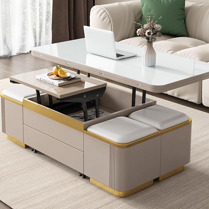 Lift Top Coffee Table with 4 Storage Stools for Living Room, Modern Stylish Convertible Dining Table for 4-6 People, 3 in 1 Multi-Functional Coffee Table, Easy Assembly- White