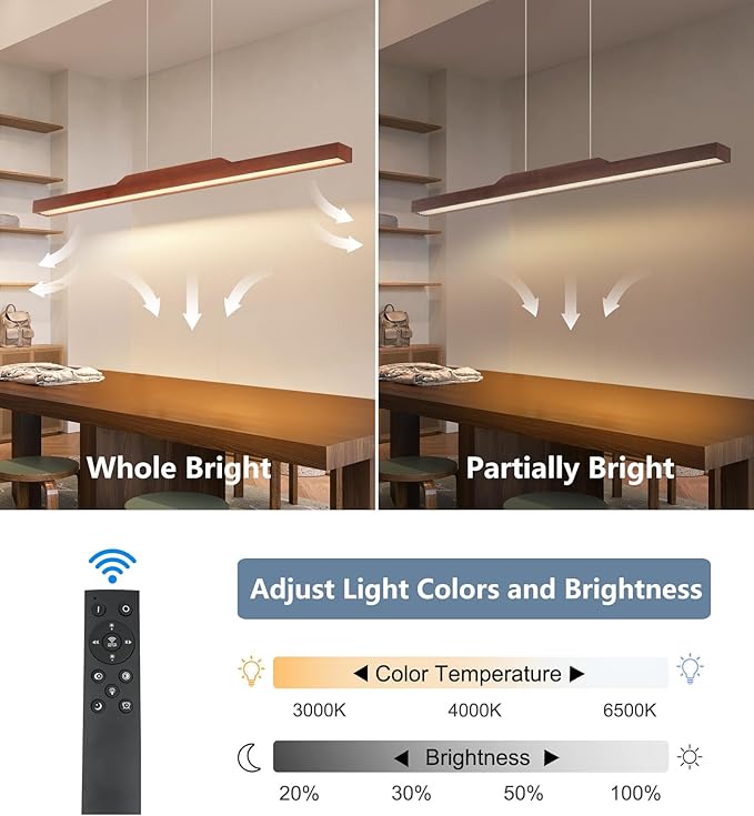 Q&S Linear Chandelier,Wood Pendant Light Fixtures for Dining Room,Modern Dimmable Hanging Led Chandelier with Remote 30W Kitchen Island Light for Bar Pool Office 39"