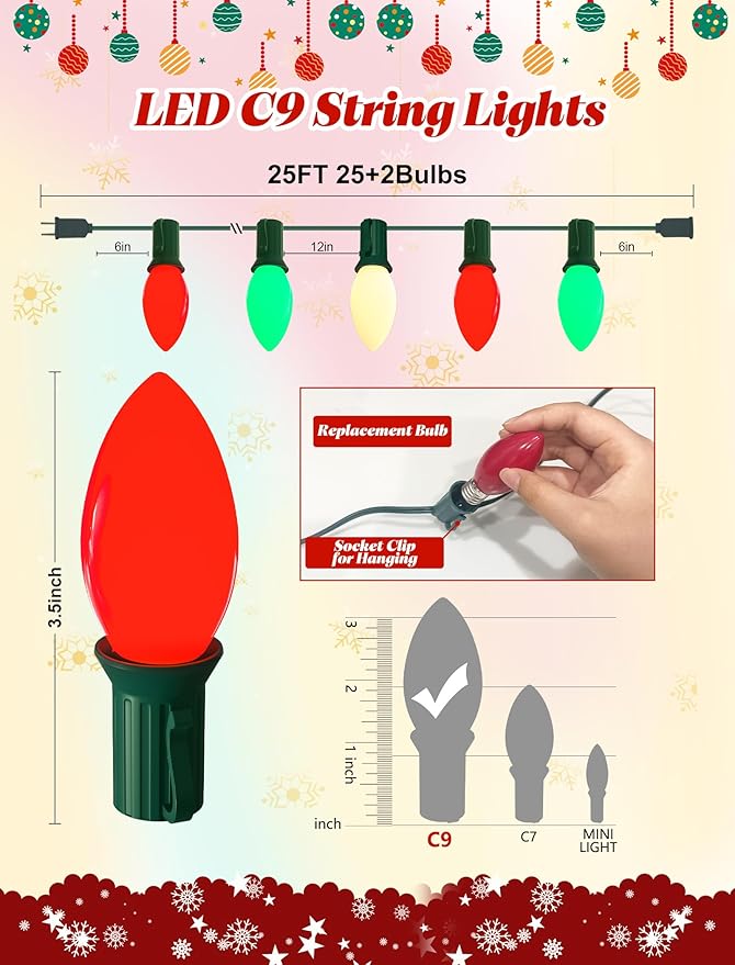 25Ft C9 LED Christmas Multicolor String Lights, Vintage Christmas Lights with 27 C9 Red/Green/White LED Bulbs, Outdoor Hanging Patio Light for Xmas Tree Path Roofline Wedding Party Decoration