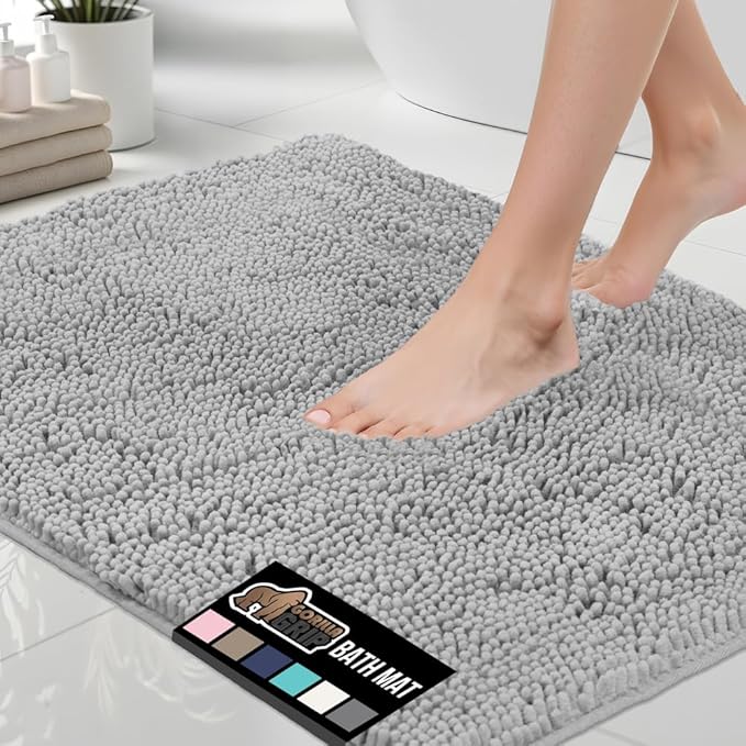 GORILLA GRIP Bath Rug Mat 36x24, Soft Absorbent Chenille, Quick Dry Microfiber Mats, Rubber Backing Washable Shower Floor Rugs, Bathmat Runner, US Designed Bathroom Home Decor Accessories Light Gray