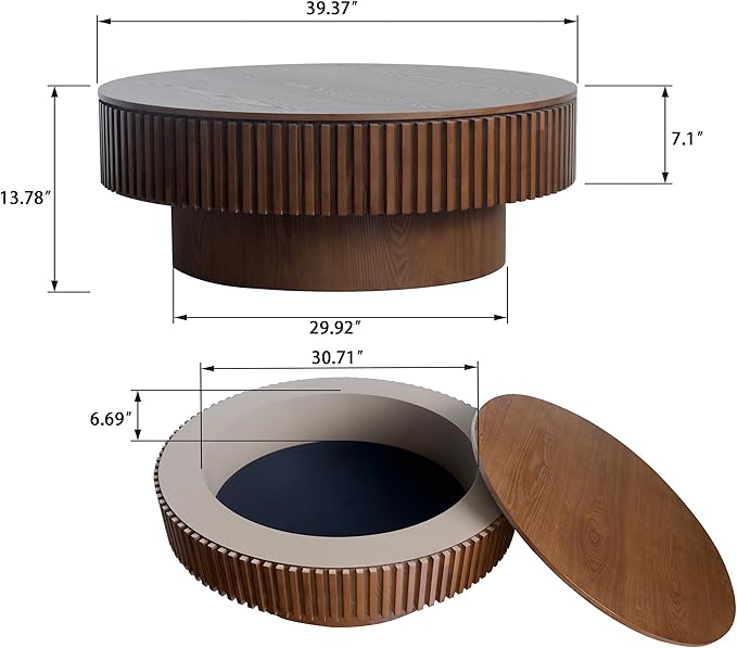 39" Round Coffee Table with Hidden Storage Compartment, Modern Handcraft Fluted Drum Coffee Table, Wooden Circle Center Table Cocktail Tea Table with Sturdy Pedestal for Living Room, Walnut