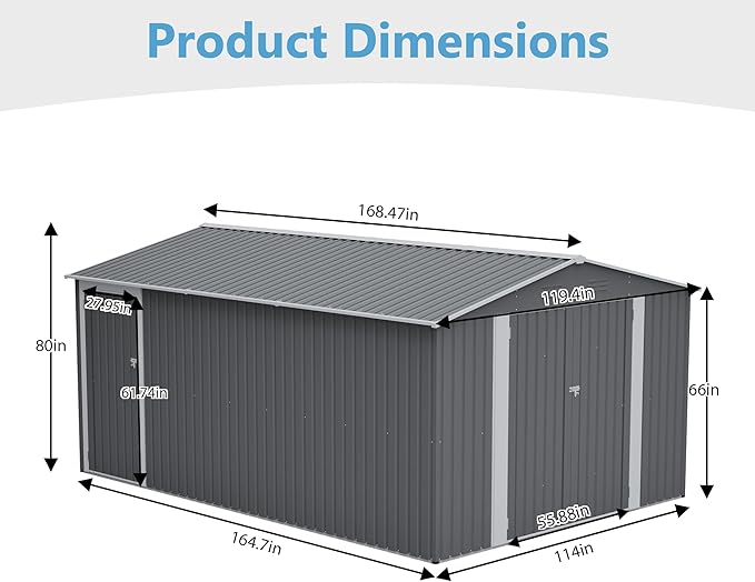 10x14 FT Extra Large Outdoor Metal Storage Shed with Side Door & Floor Frame, Lockable Double Doors, Heavy Duty Waterproof Garden Tool Shed for Backyard, Lawn Equipment, Patio & Utility Storage