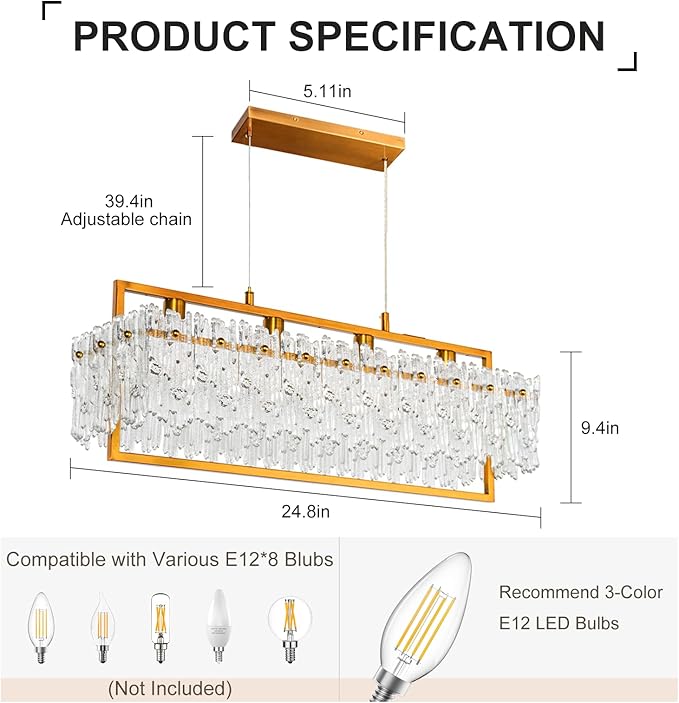 MantoLite Dining Room Light Fixture Modern Rectangle Golde Crystal 4-Light Chandeliers for Dining Room 25" Linear Farmhouse Lighting Fixture for Kitchen Island Light Living Room