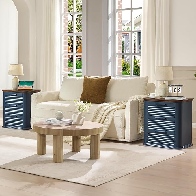 Okvnbjk 22" Wide Fluted Nightstand Set of 2 with Charging Station, Mid Century Modern End Table for Living Room, Bedroom, Home Office, Wood Curved 3 Drawer Dresser, Large Bedside Tables, Navy Blue