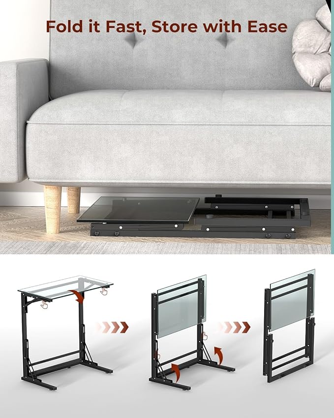 Tatub 24" Folding TV Tray Table, Glass C Shaped End Table for Couch, Small Sofa-Side Laptop Desk with Black Metal Frame for Living Room, Bedroom, Bedside