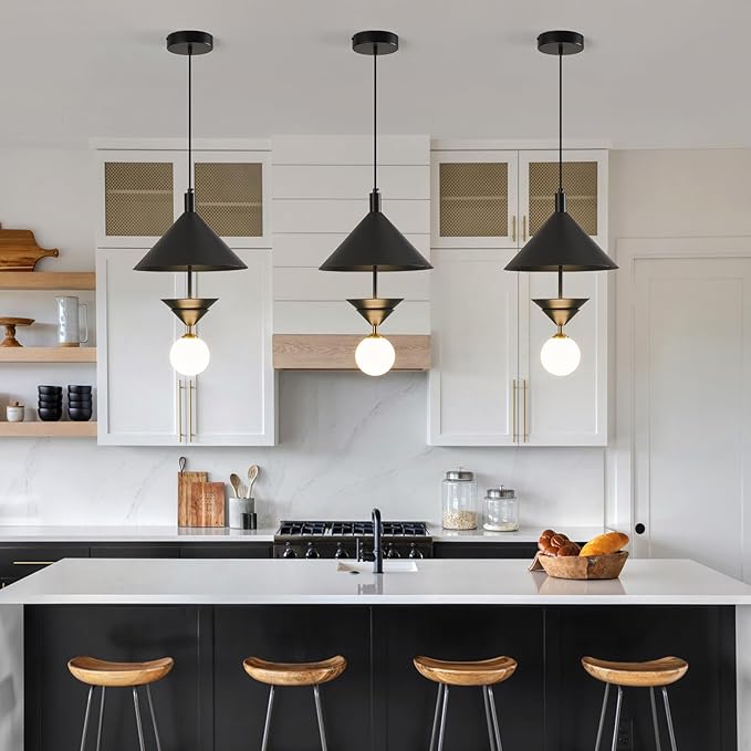 Modern Black Metal Pendant Light,Minimalist Globe Hanging Light with Milky White Globe Glass Shade Chandeliers for Kitchen Island Bedroom Dining Room Living Room Bar